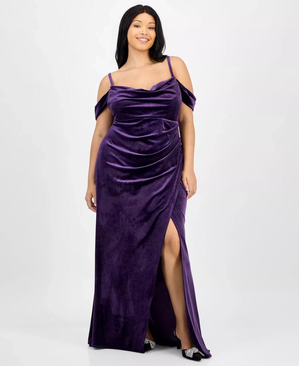 B Darlin Trendy Plus Size Off the Shoulder Velvet Gown Purple Size 18W 3960